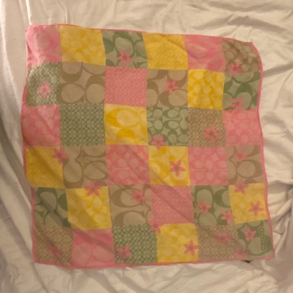 Coach Pink and Green 100% Silk neck/hair/purse Scarf, the Hamptons collection. - Picture 14 of 17